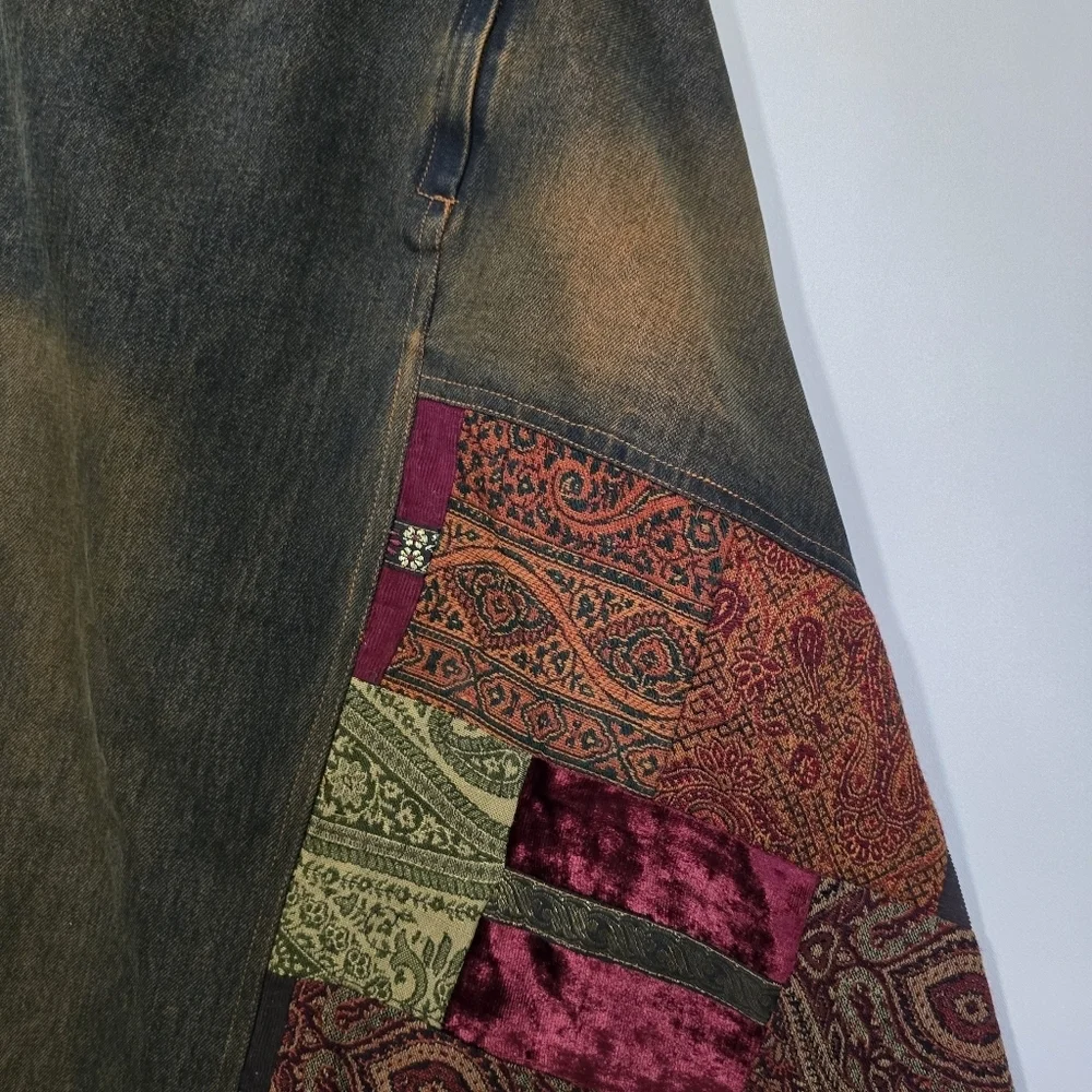 VTG René Derhy Patchwork Denim Maxi Skirt Boho Y2K Artsy USA 14 - Picture 11 of 12
